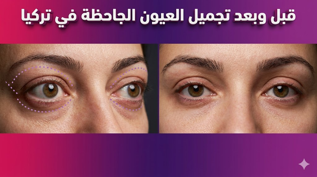 مقارنة قبل وبعد تجميل العيون الجاحظة في تركيا تظهر نجاح العملية في تقليل بروز العين واستعادة المظهر الطبيعي.