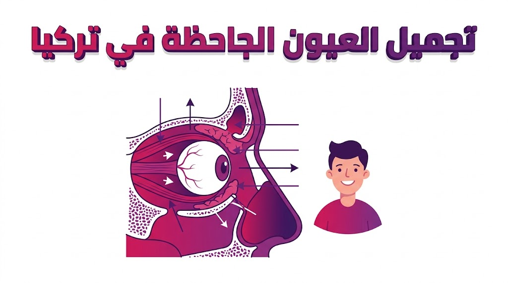 إنفوجرافيك طبي يشرح التشريح الداخلي لعملية تجميل العيون الجاحظة في تركيا مع رسم توضيحي لمحجر العين.