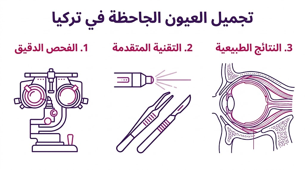 بوستر إنفوجرافيك يوضح خطوات ونتائج تجميل العيون الجاحظة في تركيا من الفحص إلى النتيجة النهائية.