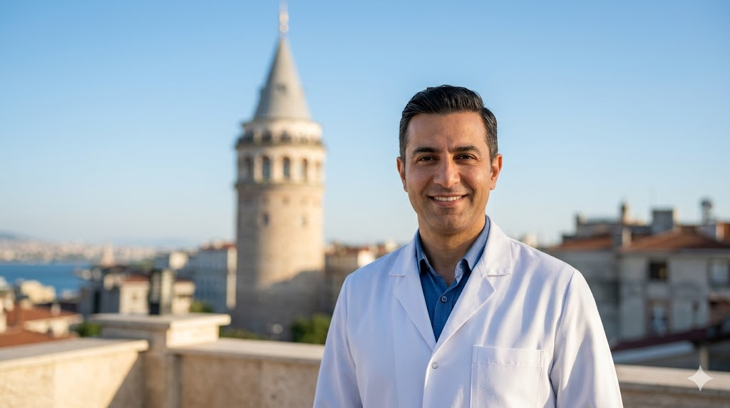 جراح تجميل متخصص في تجميل العيون الجاحظة في تركيا يقف أمام برج غالاتا التاريخي في إسطنبول.