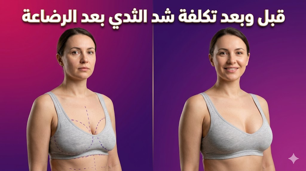  مقارنة واقعية قبل وبعد عملية شد الصدر توضح نتائج تكلفة شد الثدي بعد الرضاعة مع علامات جراحية احترافية.