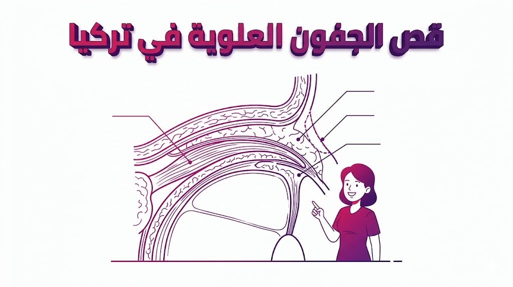 إنفوجرافيك تشريحي يوضح البنية الداخلية للجفن والأسلوب العلمي لعملية قص الجفون العلوية في تركيا.