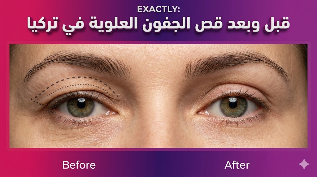 صورة "قبل وبعد" توضح نتائج عملية قص الجفون العلوية في تركيا مع علامات جراحية دقيقة وتفتيح لمنطقة العين.
