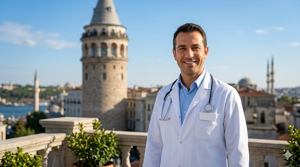 طبيب تجميل بزي رسمي أمام برج غالاتا في اسطنبول يمثل التميز الطبي في قص الجفون العلوية في تركيا.