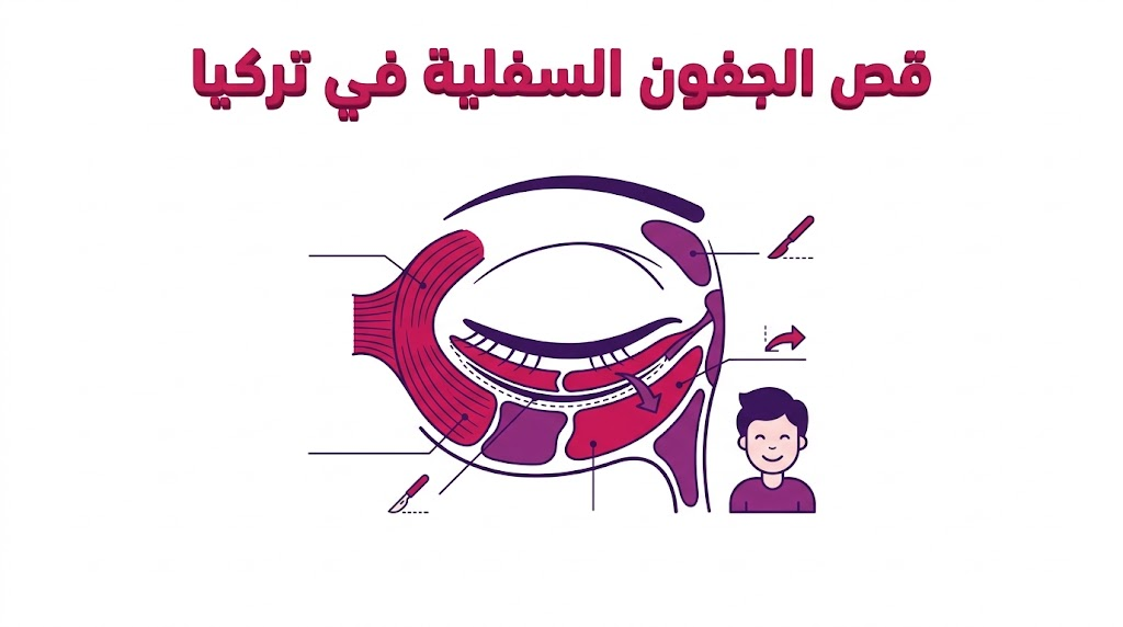 إنفوجرافيك طبي تشريحي يوضح التقنيات العلمية المستخدمة في قص الجفون السفلية في تركيا وتعديل الأنسجة الداخلية.