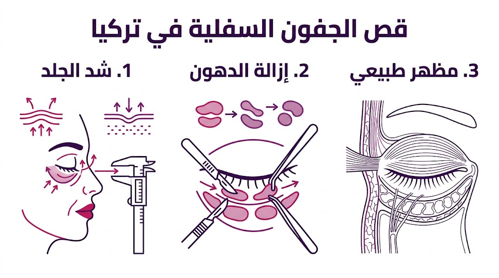 ملصق إنفوجرافيك علمي يلخص الفوائد الثلاث الرئيسية لعملية قص الجفون السفلية في تركيا.