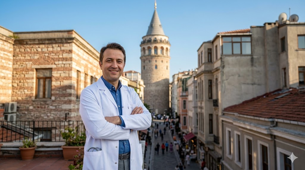 طبيب تجميل متخصص في فيلر الهالات السوداء في تركيا يقف أمام برج غالاتا الشهير في إسطنبول.