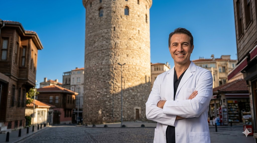 جراح تجميل خبير أمام برج غالاتا في اسطنبول يمثل الجودة الطبية في تجربتي مع قص الجفون في تركيا.
