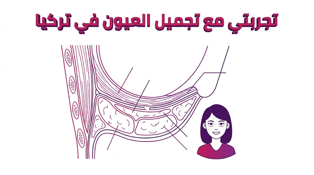  إنفوجرافيك تشريحي يوضح البنية العضلية والدهنية للجفن ضمن تفاصيل تجربتي مع تجميل العيون في تركيا.