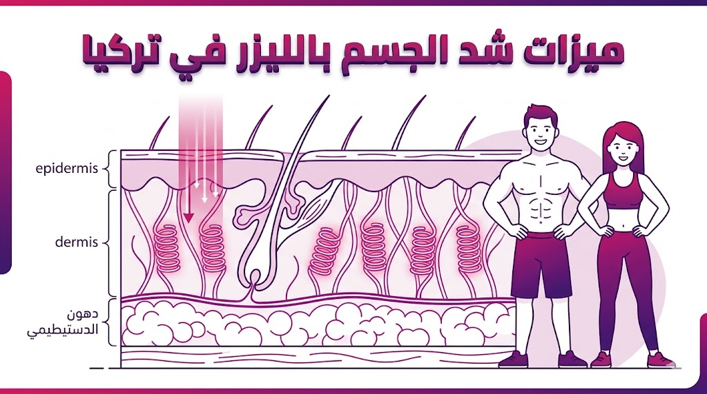 إنفوجرافيك طبي يشرح آلية عمل ميزات شد الجسم بالليزر في تركيا وكيفية تحفيز الكولاجين تحت الجلد.