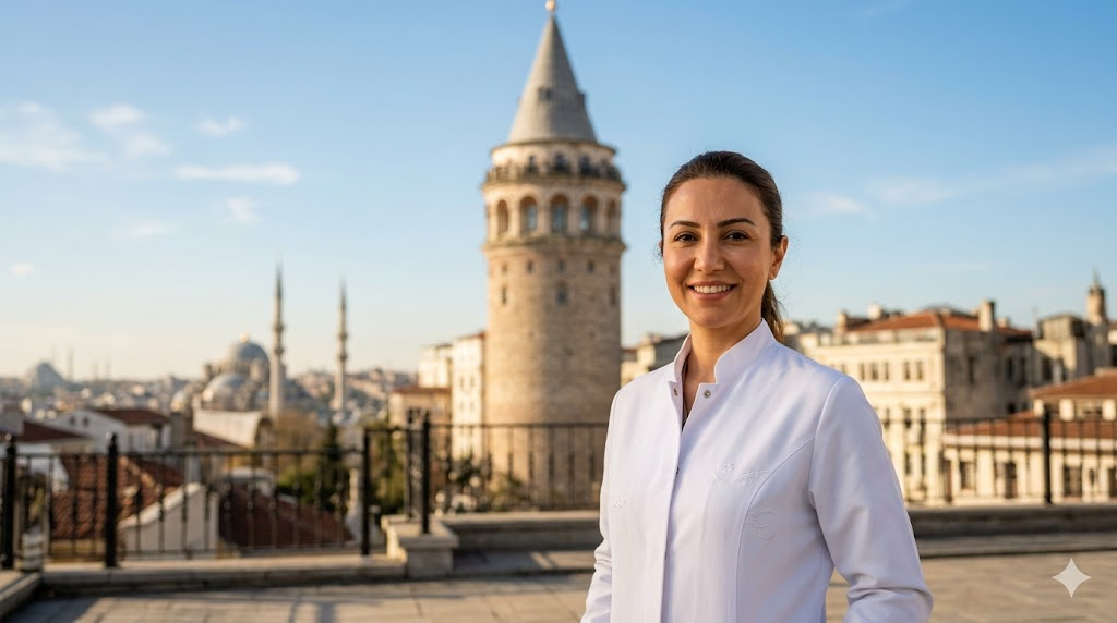 طبيب تجميل متخصص يقف أمام برج غالاتا في إسطنبول لتقديم ميزات شد الجسم بالليزر في تركيا.