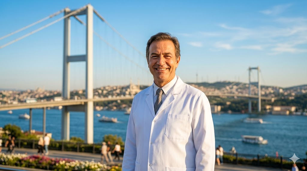 طبيب عيون متميز أمام جسر البوسفور في اسطنبول يمثل الجودة الطبية المرتبطة بـ تكلفة علاج الجلوكوما في تركيا.