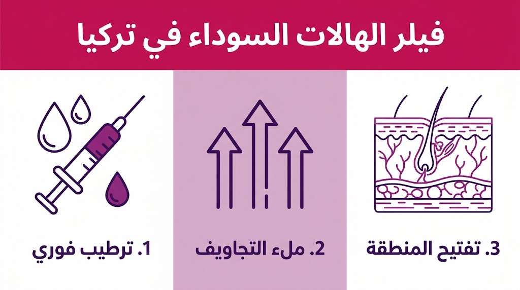 بوستر إنفوجرافيك يشرح فوائد فيلر الهالات السوداء في تركيا من حيث الترطيب والملء والتفتيح.