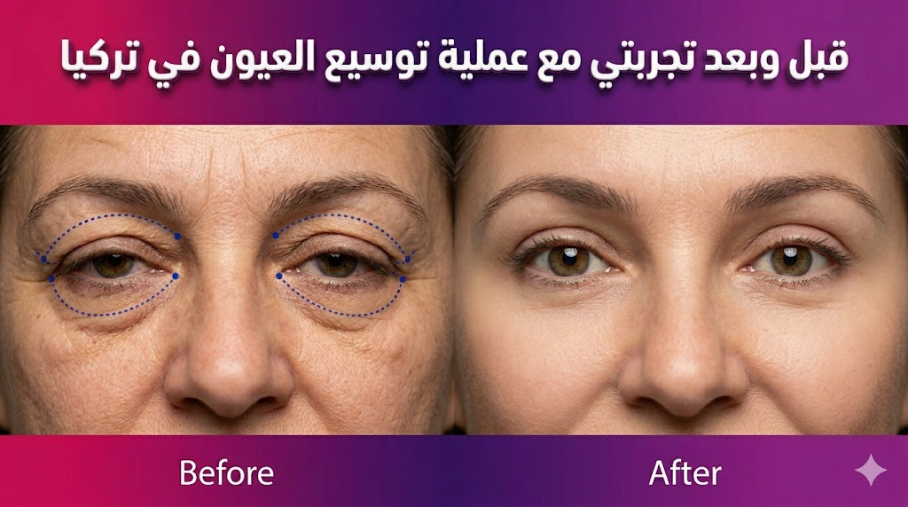  صورة قبل وبعد توضح نتائج تجربتي مع عملية توسيع العيون في تركيا مع تحسن ملحوظ في شكل العين.
