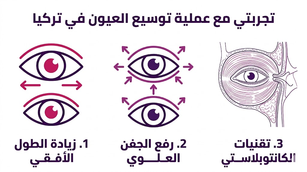 إنفوجرافيك تعليمي يستعرض أهم ثلاث مراحل في تجربتي مع عملية توسيع العيون في تركيا.
