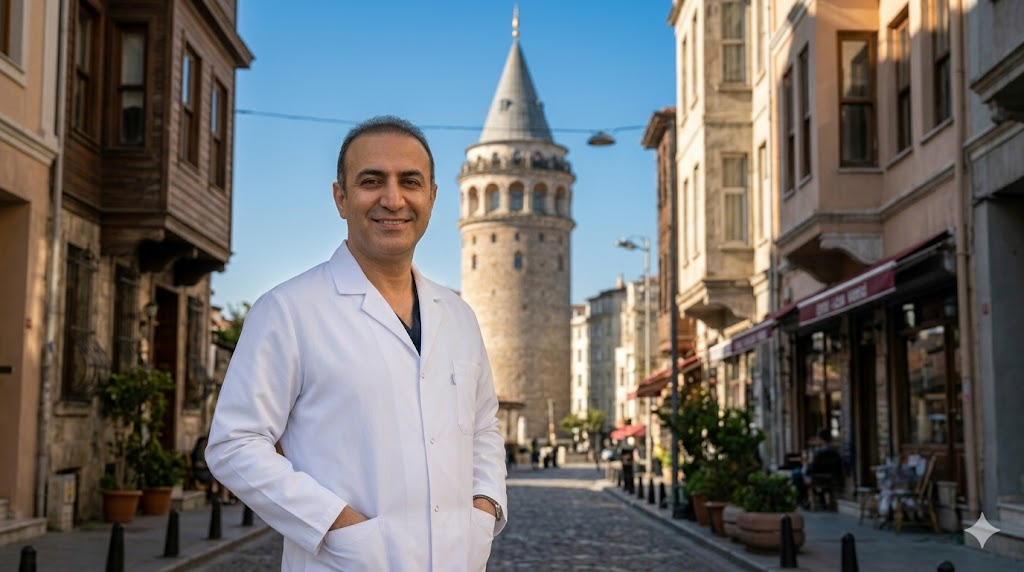 طبيب تجميل متخصص أمام برج غالاتا في اسطنبول يمثل الجودة الطبية لـ تجربتي مع عملية توسيع العيون في تركيا.