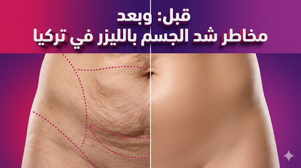 مقارنة قبل وبعد توضح علامات التخطيط الطبي ونتائج علاج مخاطر شد الجسم بالليزر في تركيا.