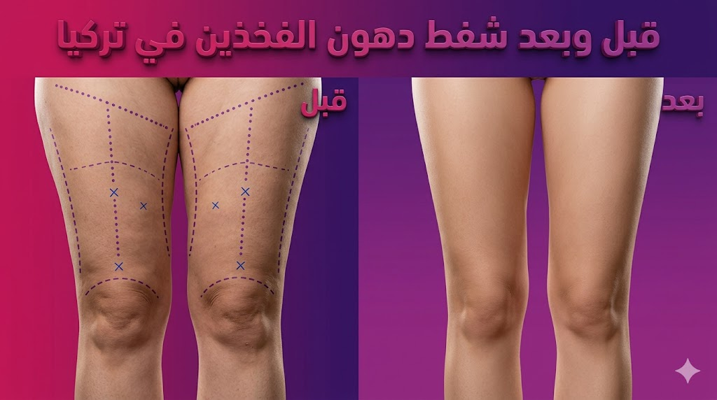 صورة مقارنة "قبل وبعد" تظهر نتائج شفط دهون الفخذين في تركيا مع علامات التخطيط الطبي ونتائج النحت النهائية.
