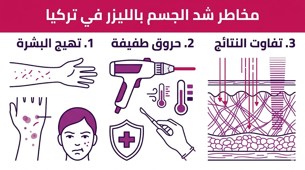 إنفوجرافيك تعليمي يستعرض أهم 3 تنبيهات حول مخاطر شد الجسم بالليزر في تركيا وكيفية الوقاية منها.