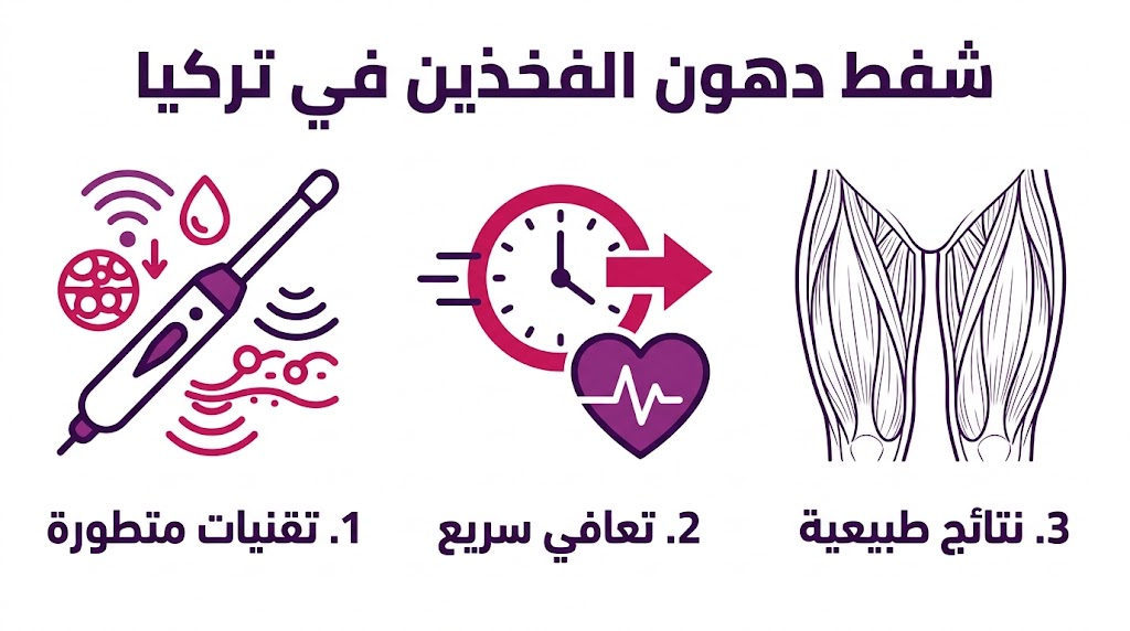  إنفوجرافيك طبي يوضح مميزات شفط دهون الفخذين في تركيا: تقنيات متطورة، تعافي سريع، ونتائج طبيعية.