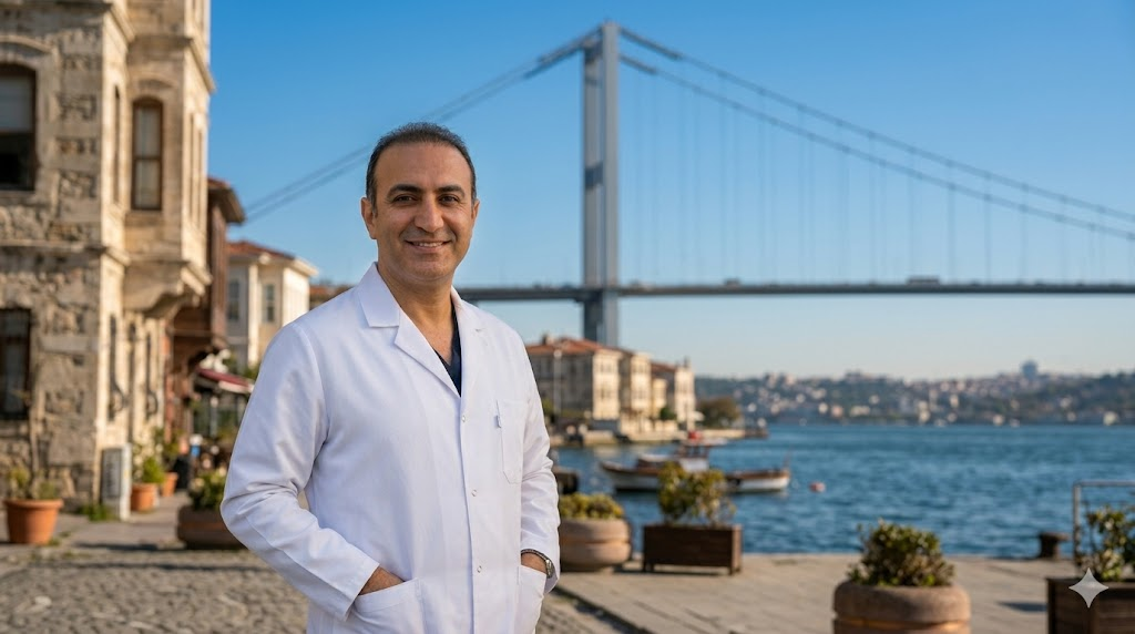  طبيب تجميل متخصص في شفط دهون الفخذين في تركيا يقف أمام جسر البوسفور في إسطنبول تحت أشعة الشمس الطبيعية.