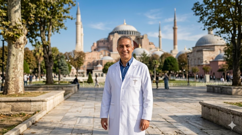 طبيب تجميل مختص يقف أمام جامع آيا صوفيا في إسطنبول للحديث عن مخاطر شد الجسم بالليزر في تركيا.