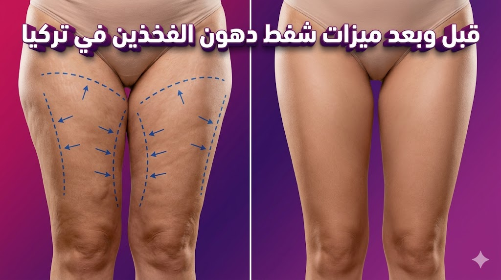 مقارنة قبل وبعد توضح ميزات شفط دهون الفخذين في تركيا والنتائج المذهلة لنحت القوام.