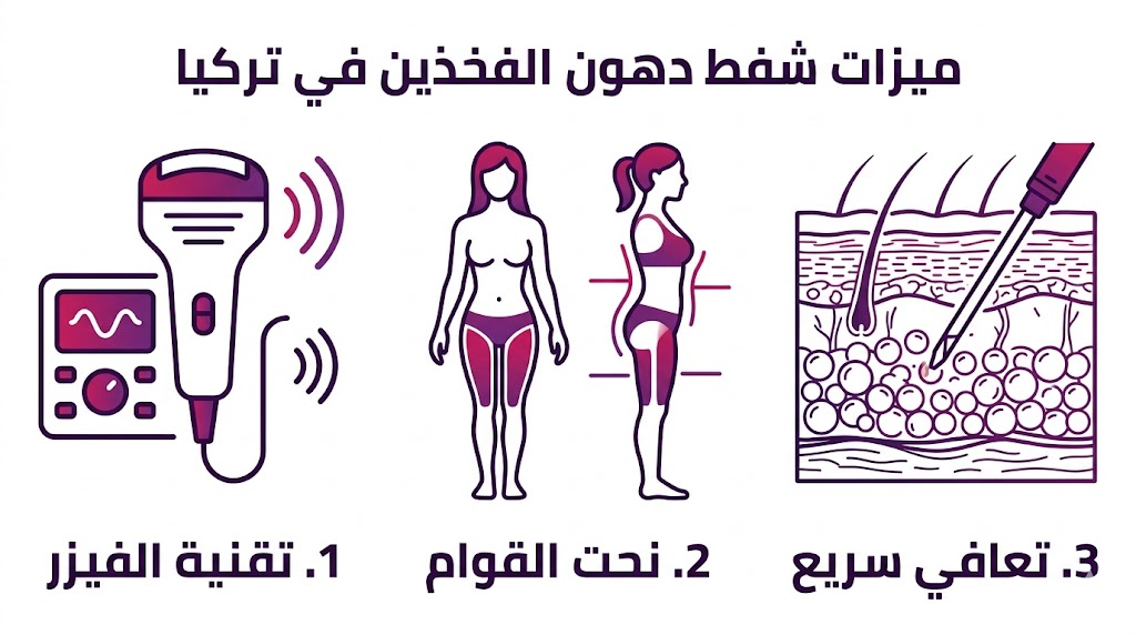 بوستر معلوماتي يعرض ميزات شفط دهون الفخذين في تركيا من حيث التقنية والنتائج وفترة التعافي.