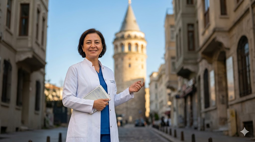 طبيب تجميل متخصص في ميزات شفط دهون الفخذين في تركيا أمام برج غالاتا في إسطنبول.