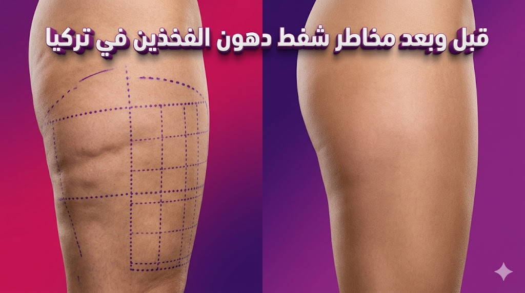 صورة مقارنة قبل وبعد توضح نتائج ومخاطر شفط دهون الفخذين في تركيا مع علامات جراحية طبية.