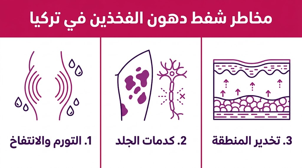  إنفوجرافيك طبي يوضح 3 نقاط أساسية حول مخاطر شفط دهون الفخذين في تركيا بشكل مبسط واحترافي.