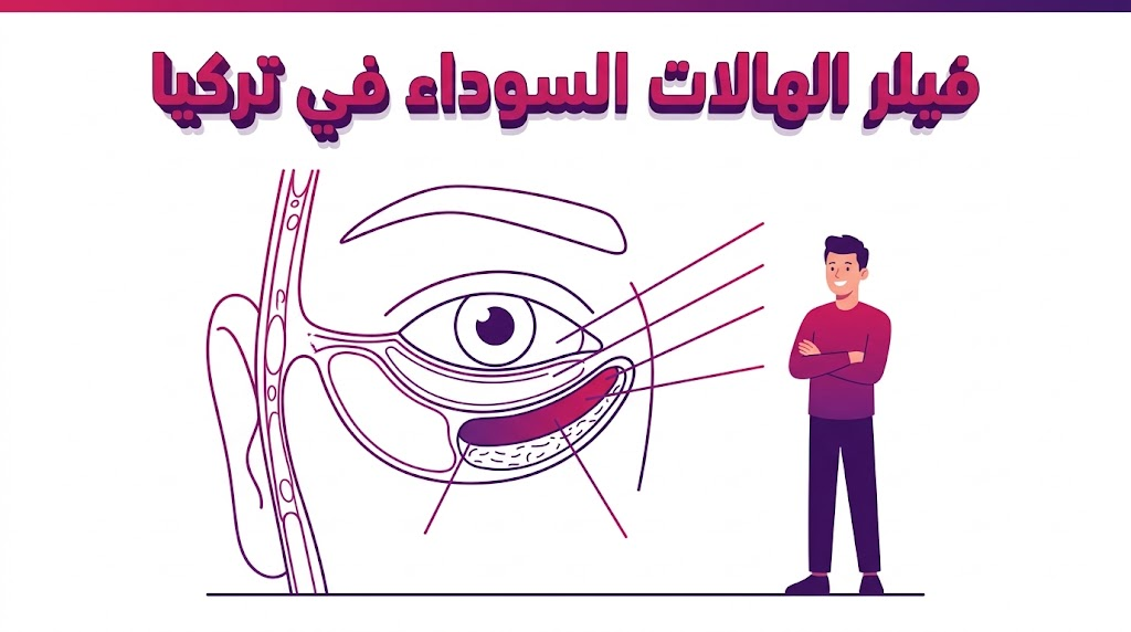 إنفوجرافيك طبي يوضح التشريح العلمي وكيفية حقن فيلر الهالات السوداء في تركيا تحت الجلد.