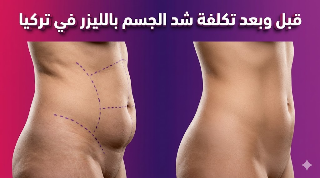 مقارنة قبل وبعد توضح نتائج شد الجلد وعلاقتها بـ تكلفة شد الجسم بالليزر في تركيا مع علامات طبية.