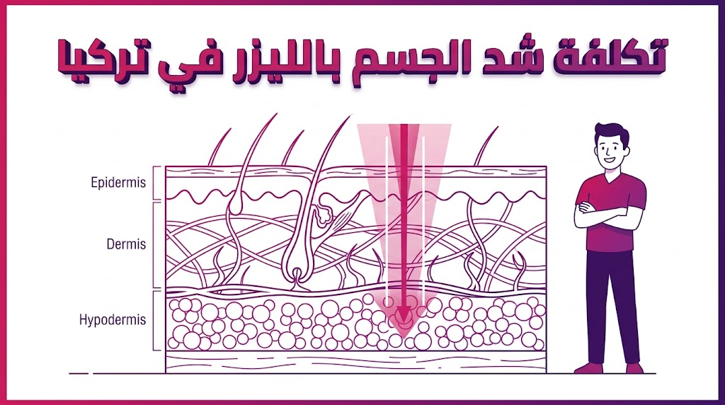 إنفوجرافيك طبي يوضح آلية عمل الليزر على أنسجة الجلد والدهون المرتبطة بـ تكلفة شد الجسم بالليزر في تركيا.