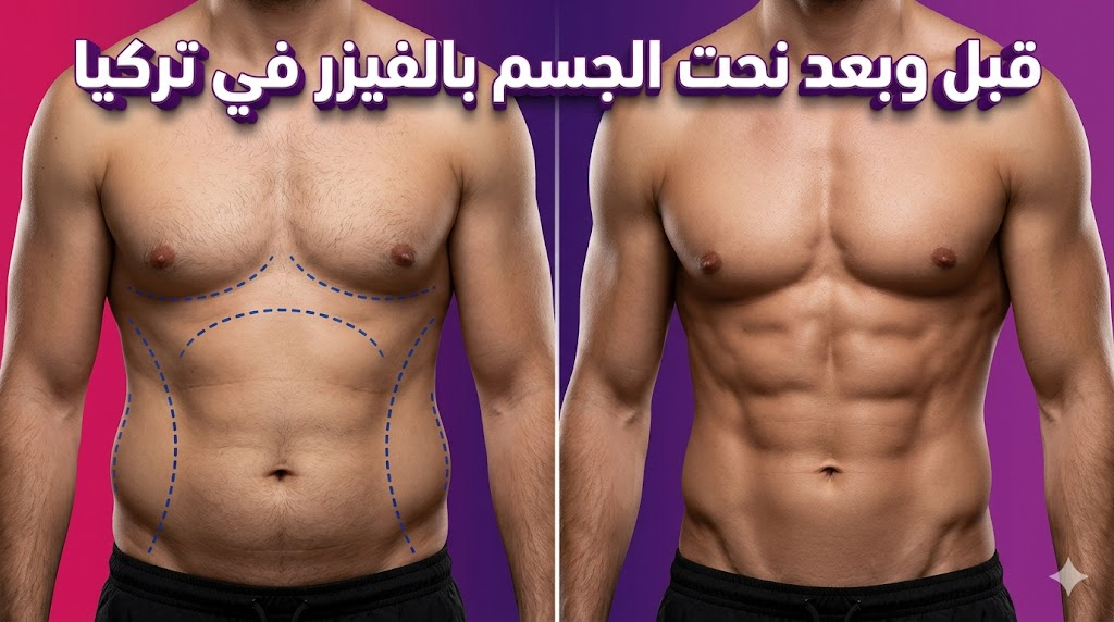 مقارنة قبل وبعد تظهر نتائج نحت الجسم بالفيزر في تركيا على منطقة البطن وإبراز العضلات.