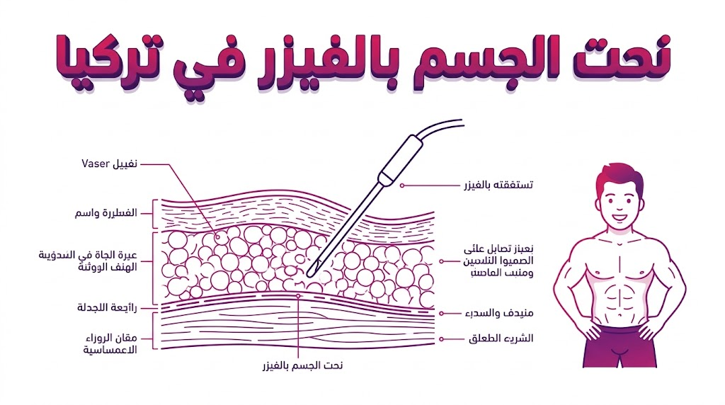 مخطط تشريحي تعليمي يوضح آلية عمل تقنية نحت الجسم بالفيزر في تركيا لتفتيت الدهون.
