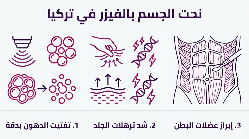  إنفوجرافيك طبي يوضح المزايا الثلاث الرئيسية لعملية نحت الجسم بالفيزر في تركيا.