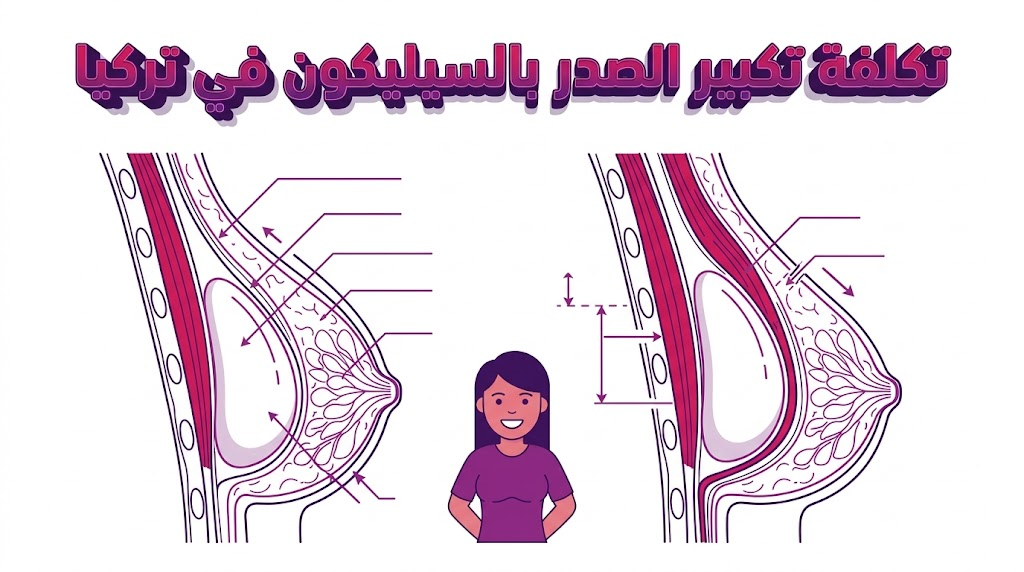 إنفوجرافيك طبي يشرح التشريح الداخلي وموقع الحشوات ضمن تكلفة تكبير الصدر بالسيليكون في تركيا.