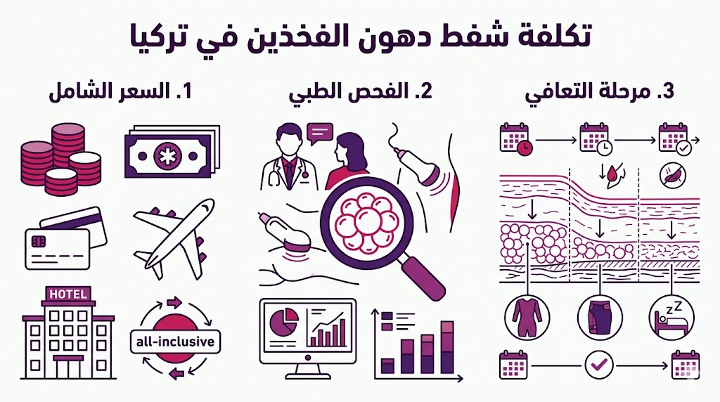 إنفوجرافيك طبي يوضح مراحل و تكلفة شفط دهون الفخذين في تركيا بالتفصيل.