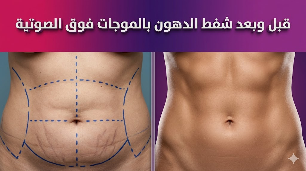 صورة واقعية توضح نتائج قبل وبعد شفط الدهون بالموجات فوق الصوتية لنحت منطقة البطن وتنسيق القوام.