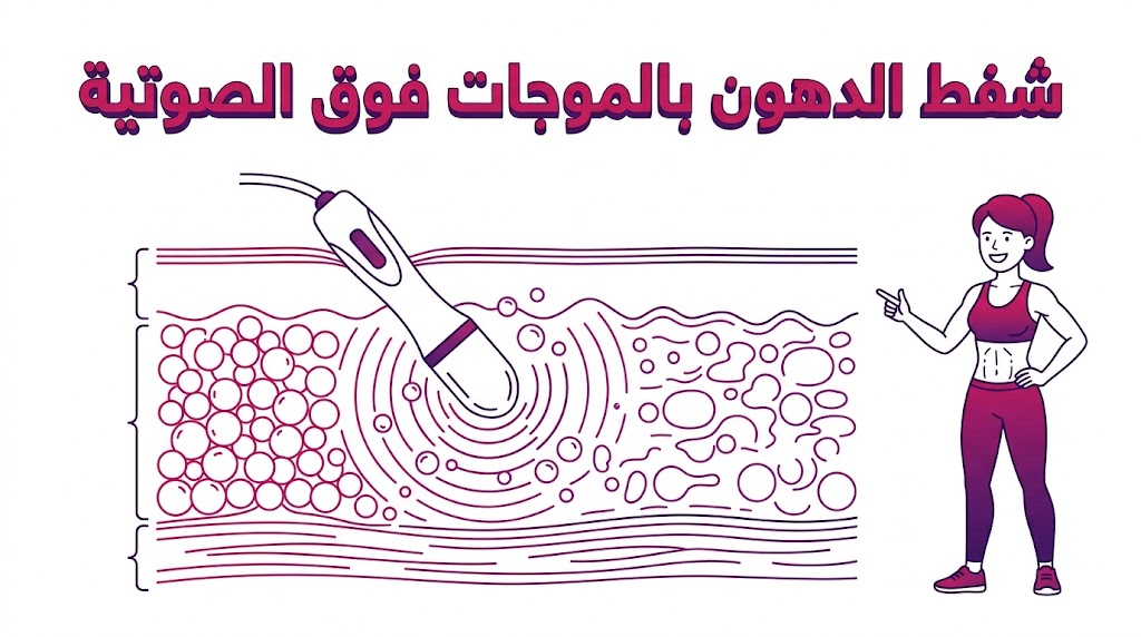  مخطط إنفوجرافيك تشريحي يوضح تقنية تفتيت الخلايا خلال عملية شفط الدهون بالموجات فوق الصوتية.
