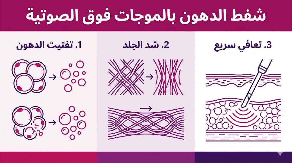  بوستر تعليمي يستعرض الفوائد الثلاث الرئيسية لتقنية شفط الدهون بالموجات فوق الصوتية.