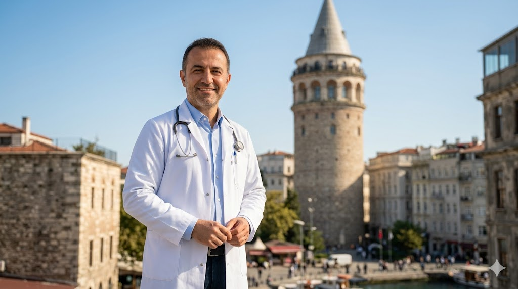 جراح تجميل متخصص في شفط الدهون بالموجات فوق الصوتية في إسطنبول مع خلفية لبرج غالاتا الشهير.