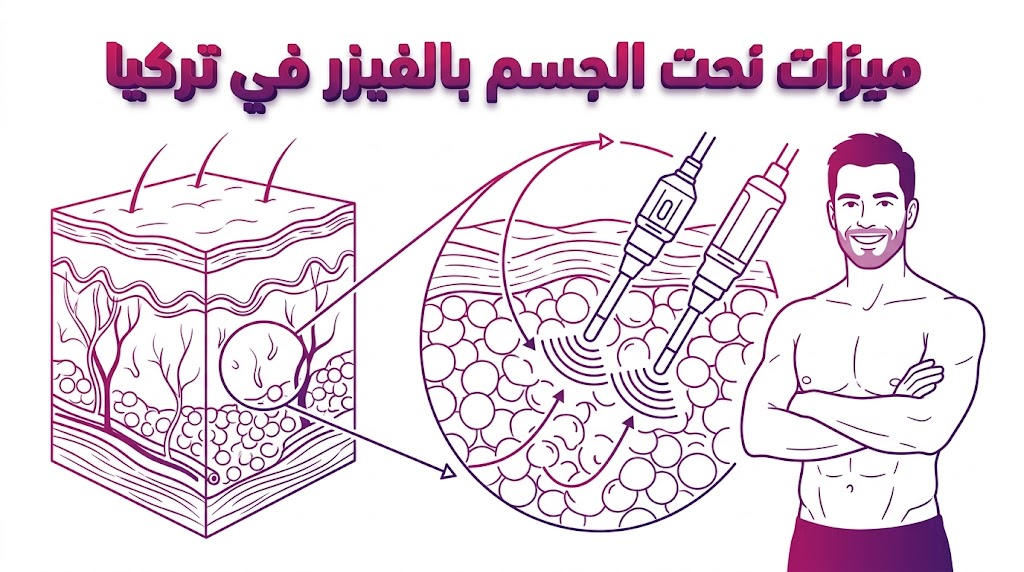 مخطط طبي يوضح المزايا العلمية والتشريحية لعملية ميزات نحت الجسم بالفيزر في تركيا وكيفية استهداف الدهون.