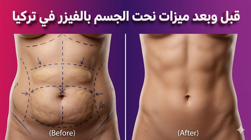 مقارنة قبل وبعد تظهر ميزات نحت الجسم بالفيزر في تركيا من خلال تحول منطقة البطن إلى شكل رياضي متناسق.