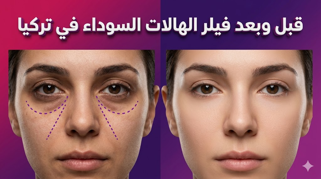 مقارنة قبل وبعد تظهر نتائج حقن فيلر الهالات السوداء في تركيا وتأثيرها في تحسين منطقة تحت العين.