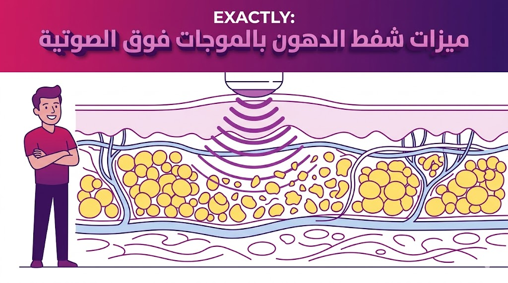  مخطط طبي يوضح ميزات شفط الدهون بالموجات فوق الصوتية وكيفية تفتيت الخلايا الدهنية بدقة.