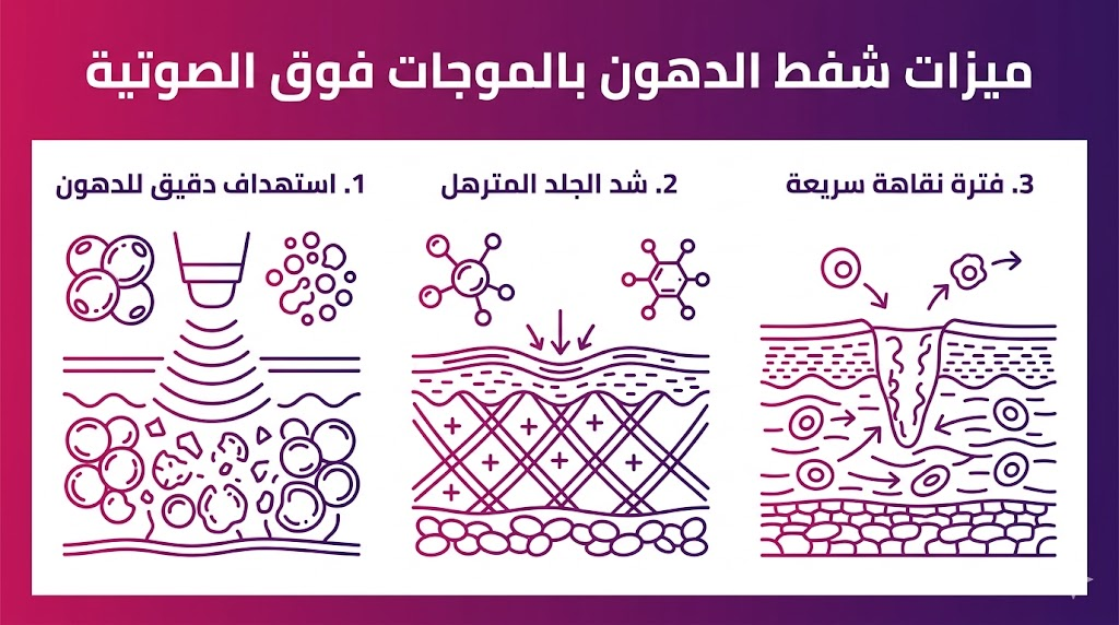  إنفوجرافيك تعليمي يستعرض 3 ميزات شفط الدهون بالموجات فوق الصوتية تشمل الدقة وشد الجلد وسرعة التعافي.