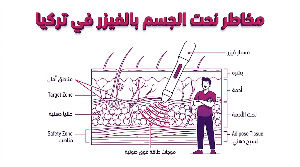 مخطط تشريحي يوضح التقنية الطبية والتعامل مع مخاطر نحت الجسم بالفيزر في تركيا بشكل علمي.