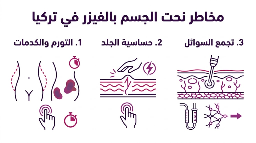 إنفوجرافيك مقسم لثلاثة أقسام يشرح أهم مخاطر نحت الجسم بالفيزر في تركيا وكيفية إدارتها.